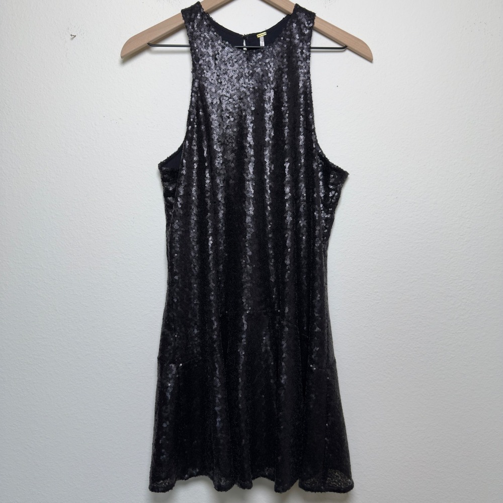 Free People Women Party Dress Black Sequin Backless High Neck Mini Sparkly Glam